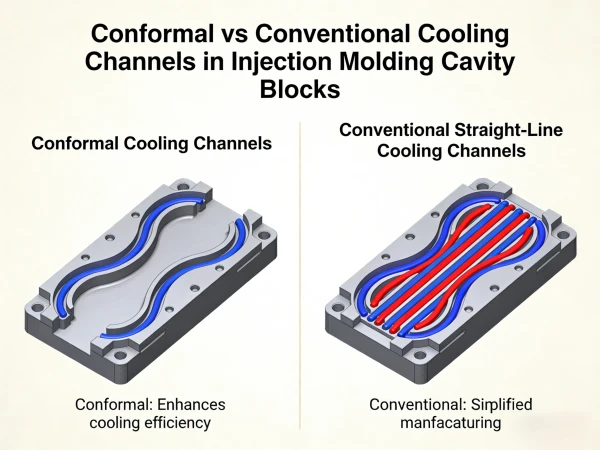 Conformal cooling channels diagram vs conventional straight line cooling in injection molding cavity blocks Conformal cooling channels diagram vs conventional straight line cooling in injection molding cavity blocks